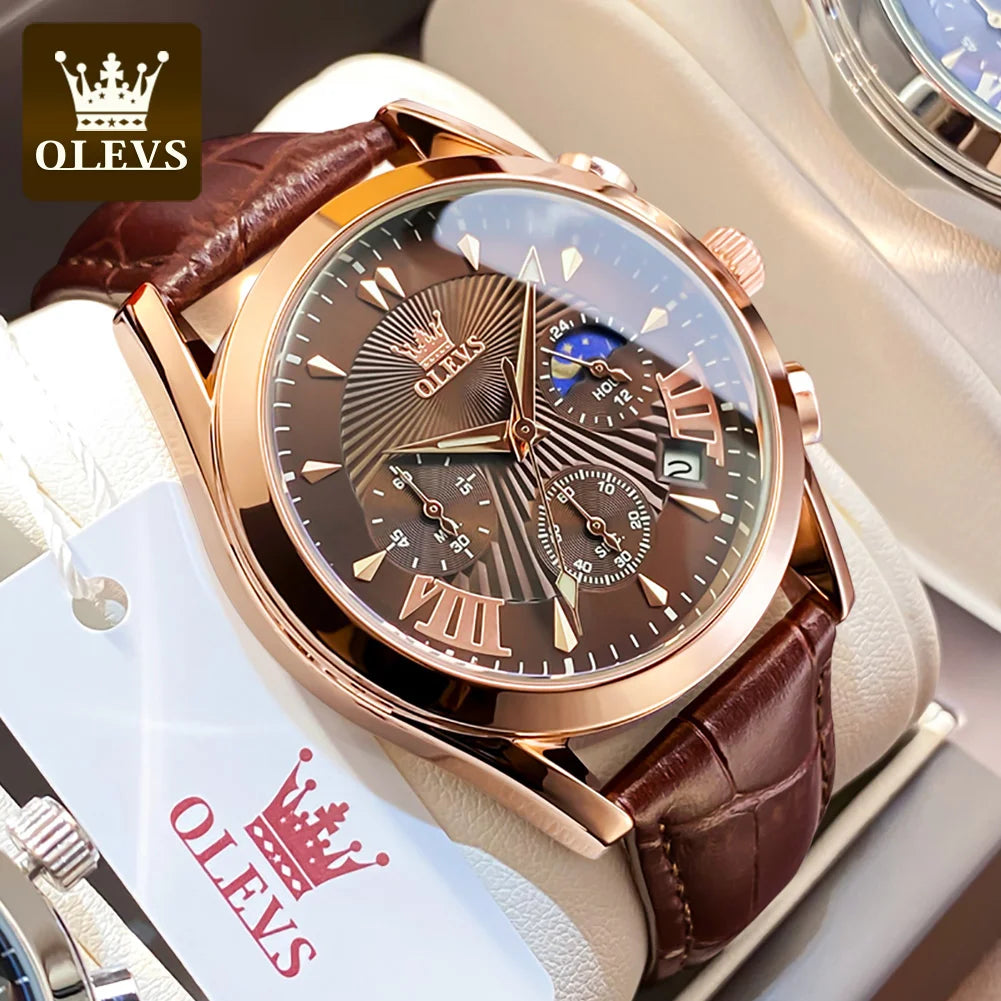 OLEVS Quartz Men's Watch – Luxury Waterproof Leather Wristwatch for Business