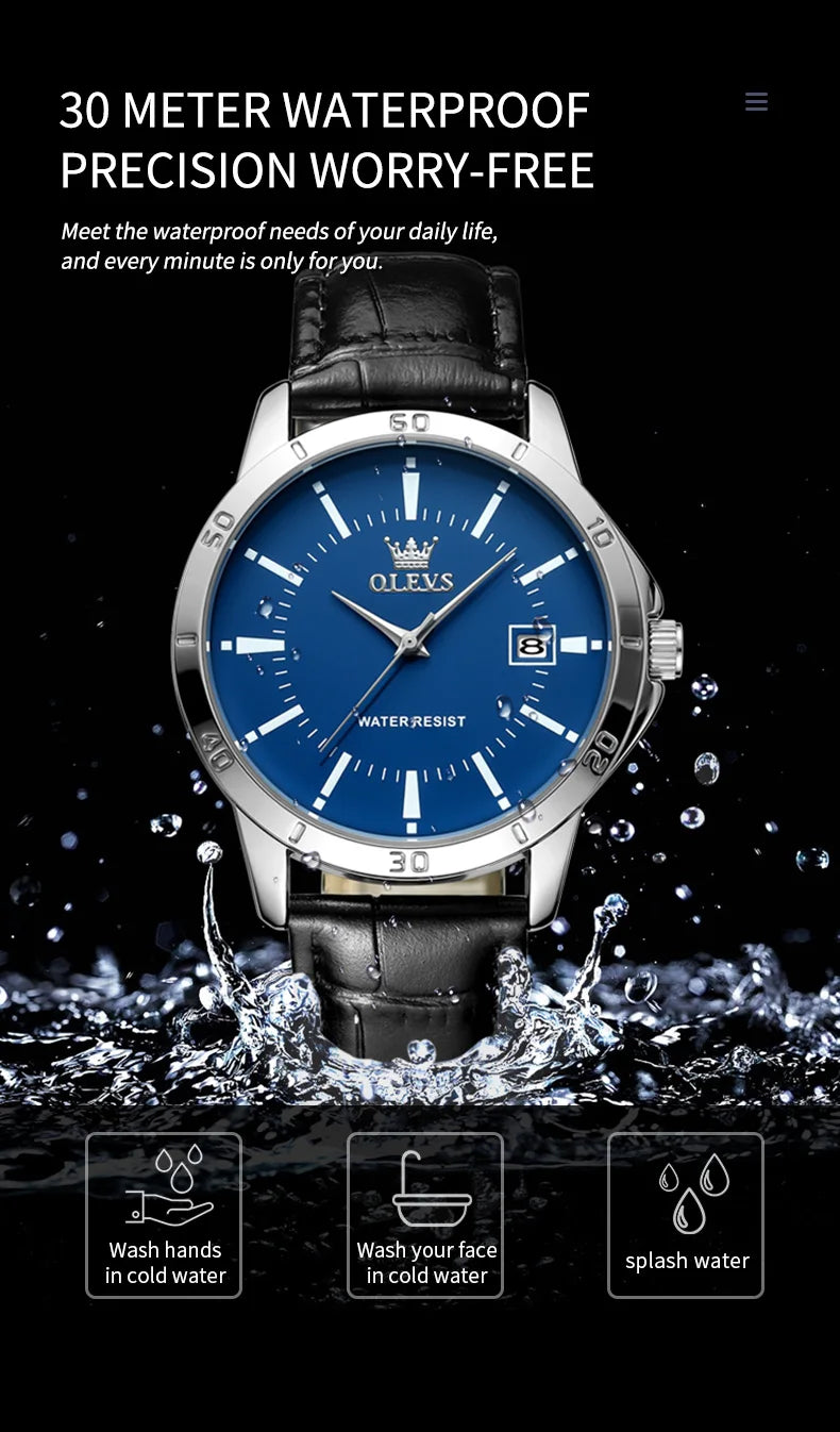 OLEVS Quartz Wristwatch – Leather Strap Classic Date for Men's Business