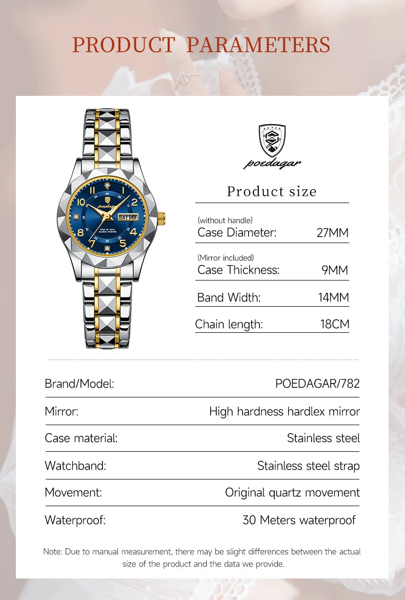 POEDAGAR Quartz Women's Watch – Stainless Steel Waterproof Date for Dress