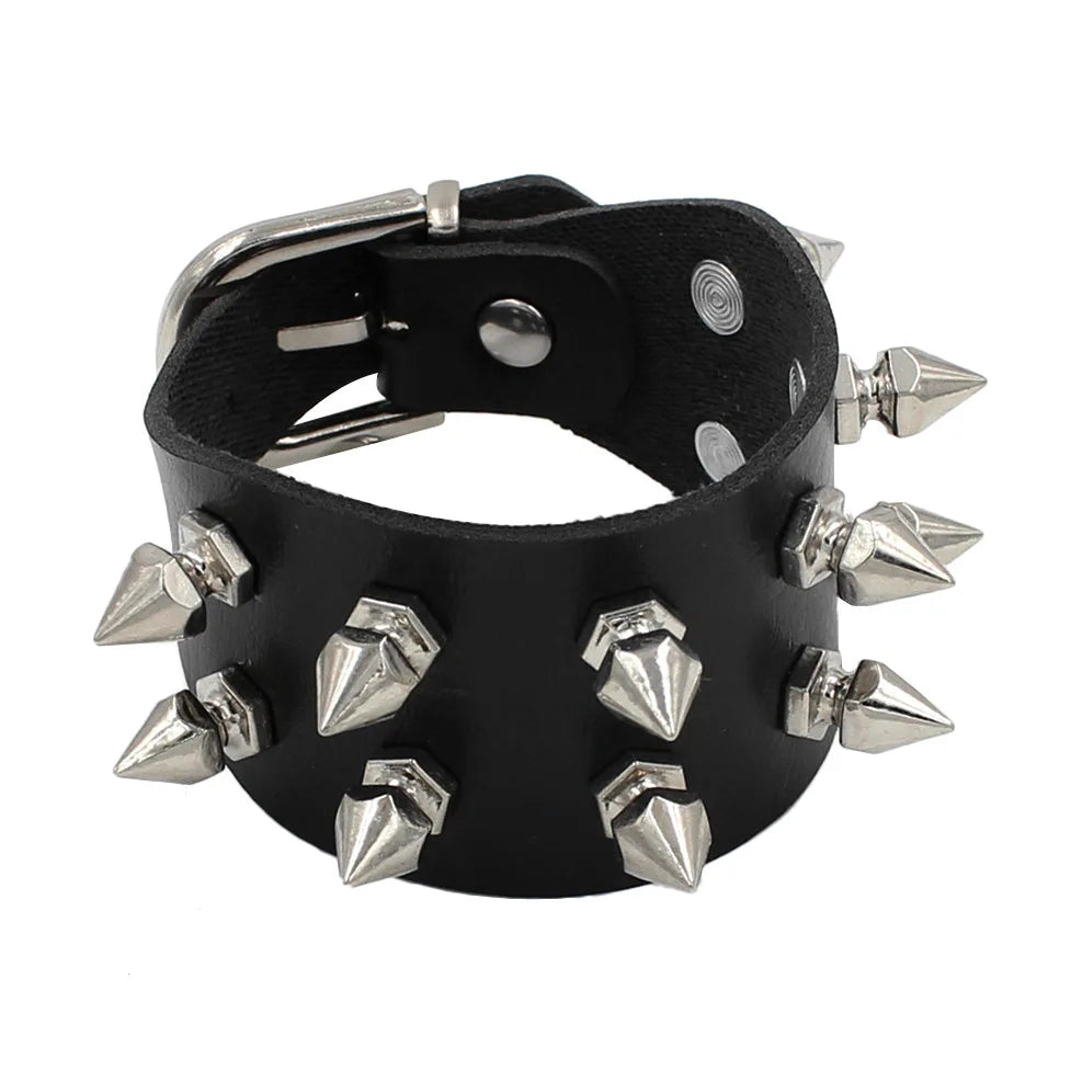 Studded Faux Leather Cuff Bracelet – Adjustable Spike Rivet Punk Cosplay
