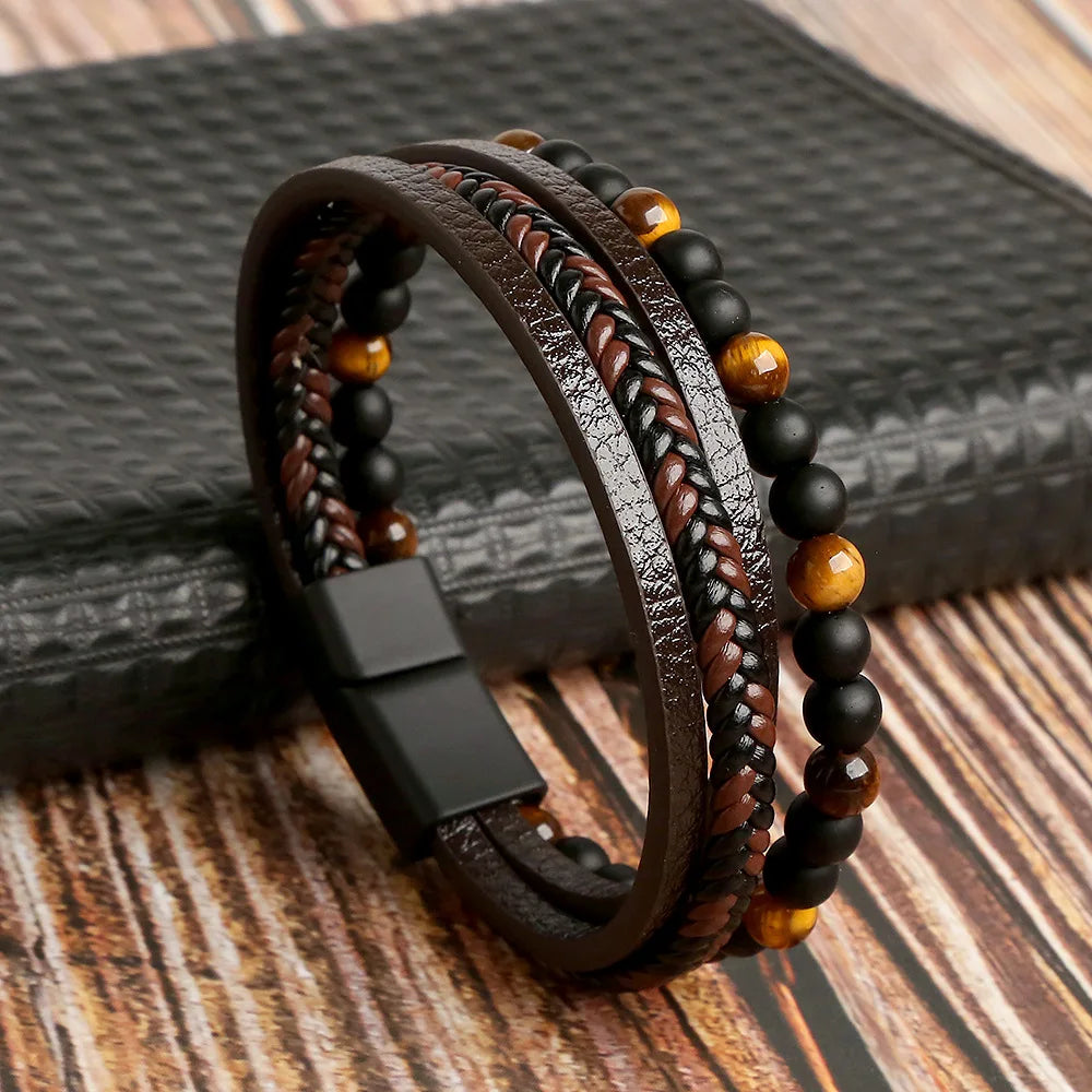 Tiger Eye Leather Bracelet – Multi-Layer Beaded Jewelry for Men