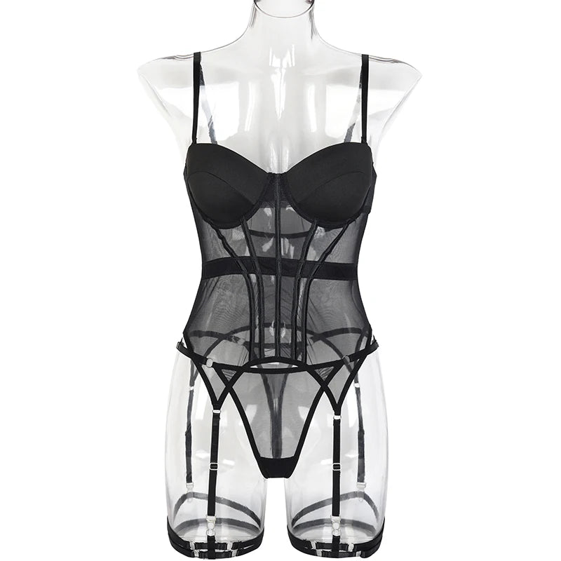 Mesh Lingerie Bodysuit Set – Backless Lace 3 Piece Lingerie for Women