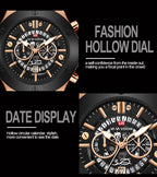 Mens Rose Gold Silicone Sports Watch – 46mm Hollow Dial for Daily Fashion