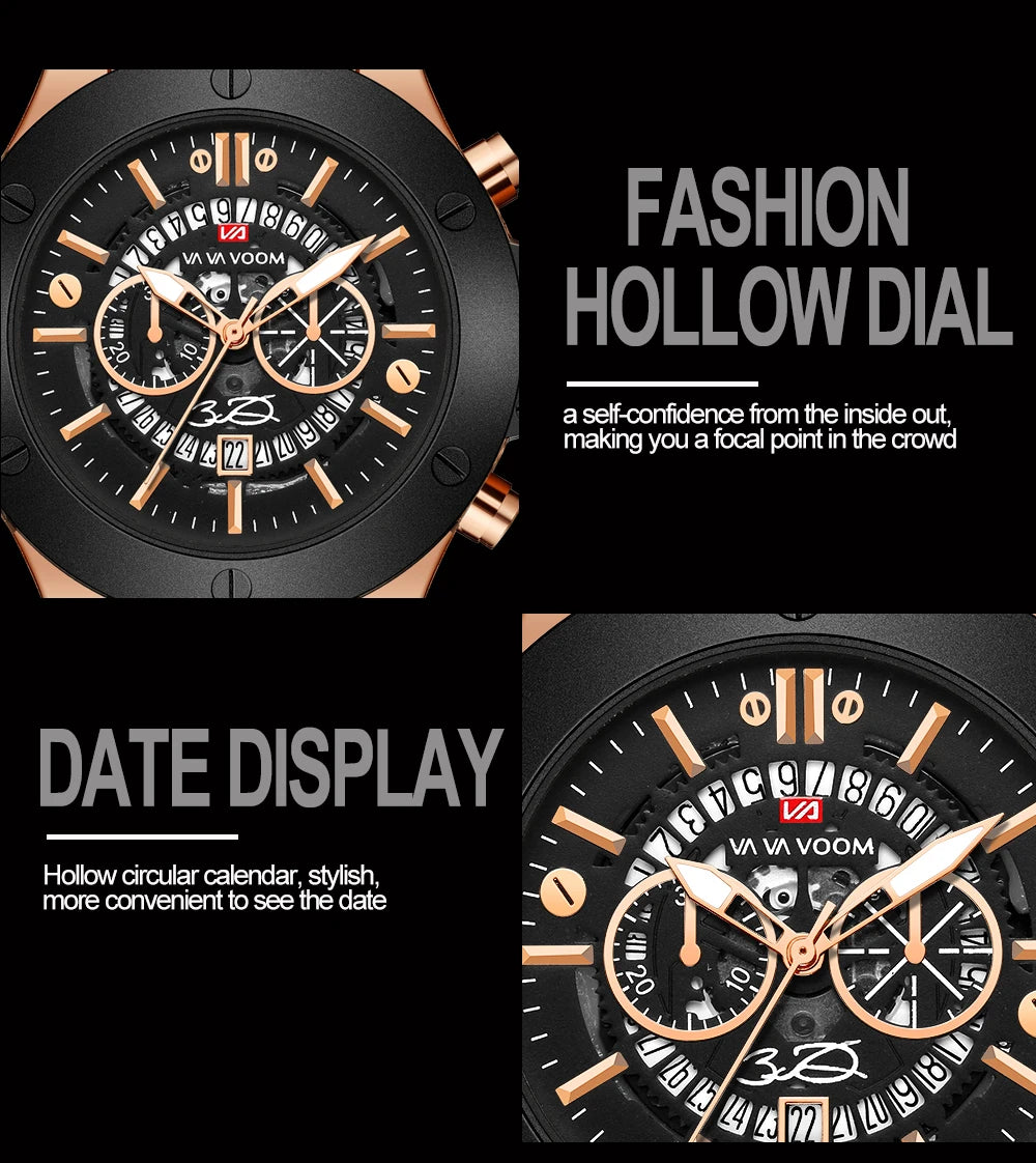 Mens Rose Gold Silicone Sports Watch – 46mm Hollow Dial for Daily Fashion