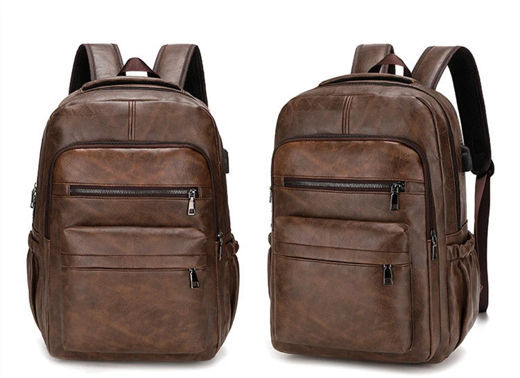 PU Leather USB Charging Laptop Backpack – Large Travel Bag for Men and Students