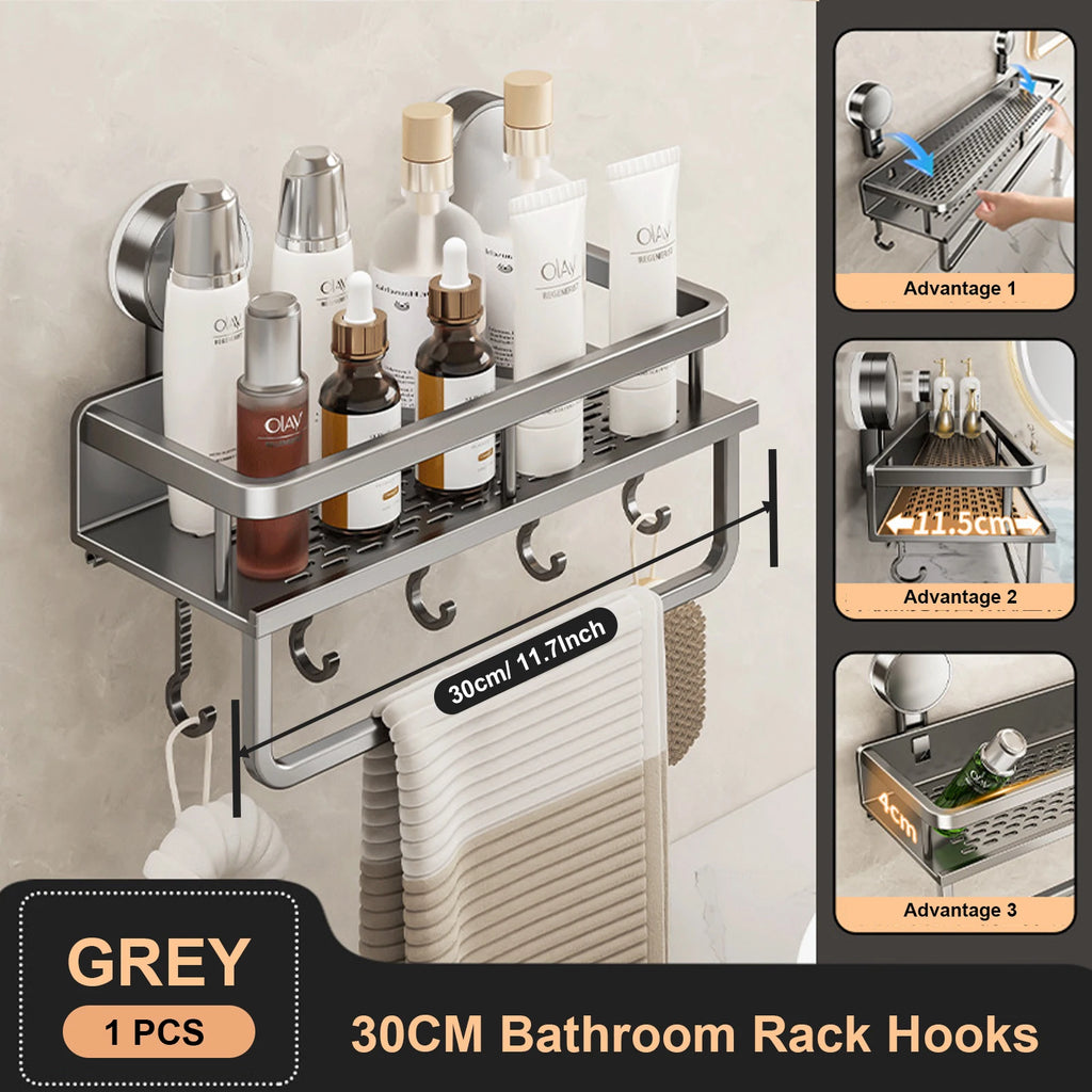 Aluminum Bathroom Shelf – No-Drill Suction Cup Organizer for Toilet Wall