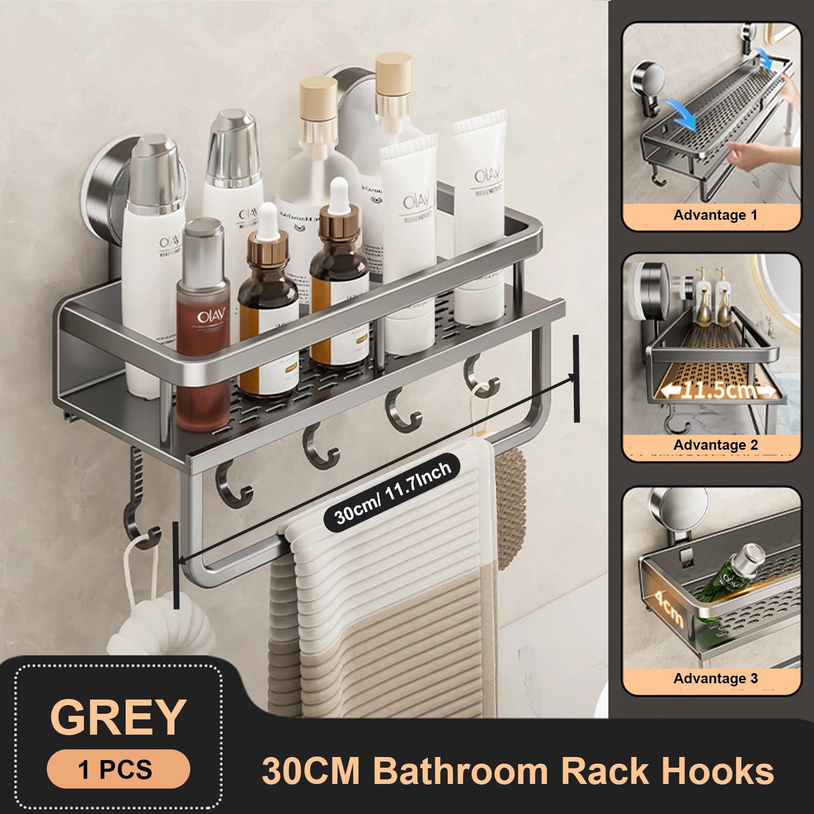 Aluminum Bathroom Shelf – No-Drill Suction Cup Organizer for Toilet Wall