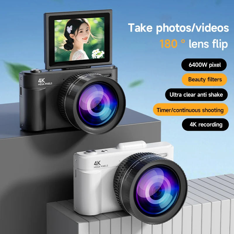 4K 64MP Compact Digital Camera – 18X Zoom for Travel Vlogging and Photography