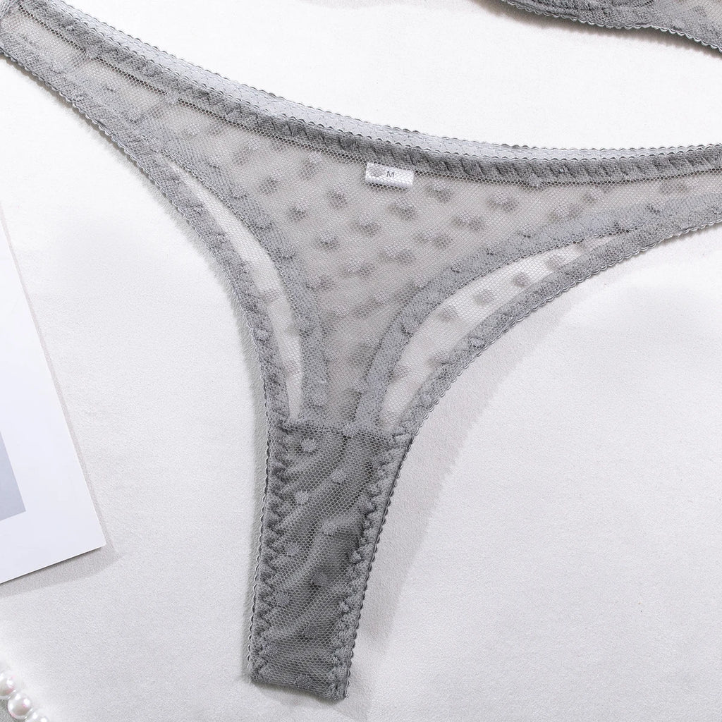 Polka Dot Mesh Lingerie Set – Sheer Underwire Bra and G-String for Women