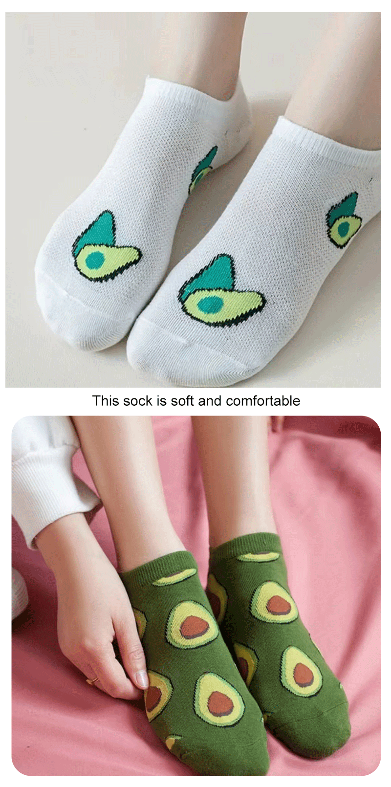 Avocado Crew Ankle Socks – Breathable Kawaii Cotton for Women's Fashion