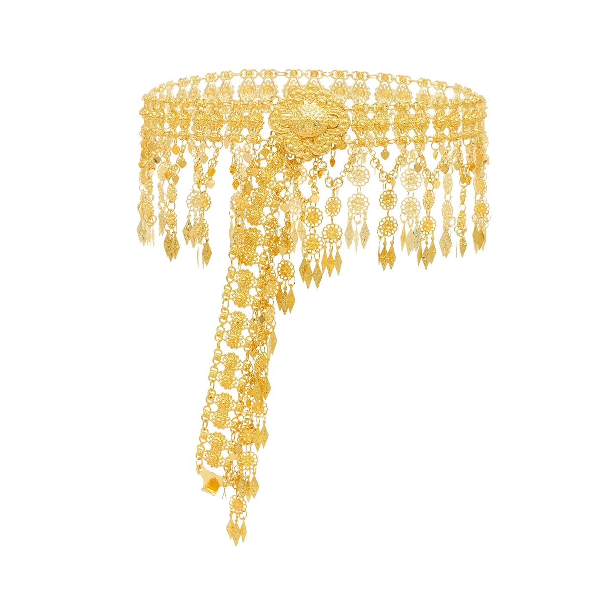 Gold filigree waist chain belt with floral motifs and hanging ornaments, isolated on white