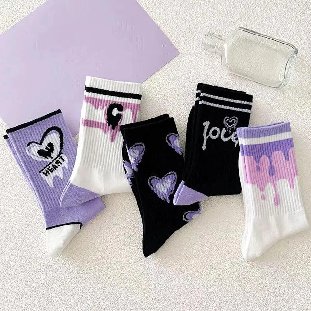 Cotton Heart Print Crew Socks – Kawaii Korean Style for Women