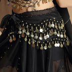 Black sheer belly dance hip scarf with gold coins and beaded fringe detail