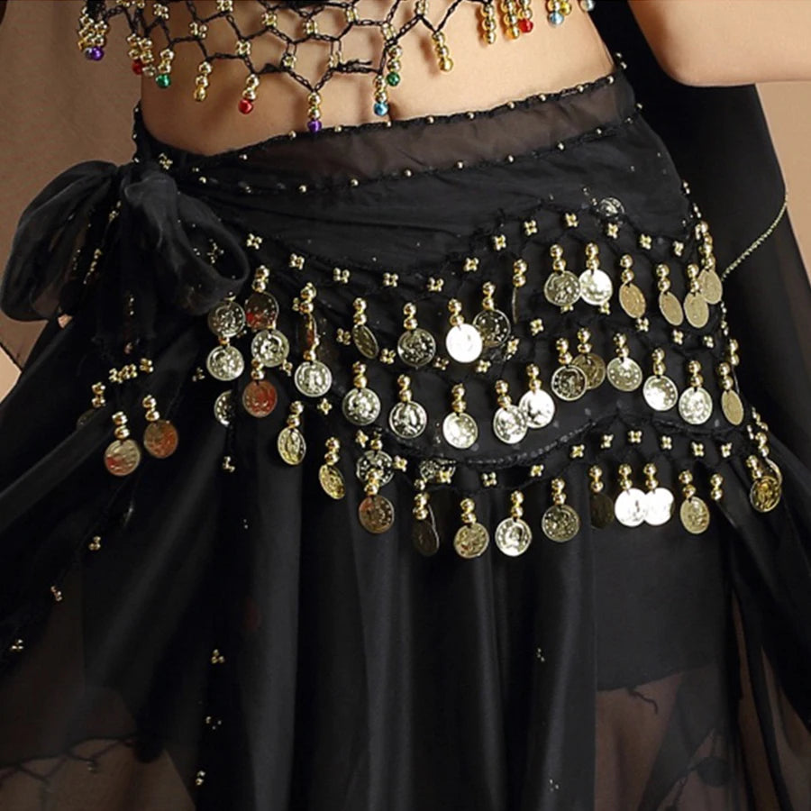 Black sheer belly dance hip scarf with gold coins and beaded fringe detail