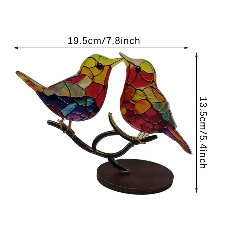 Stained Acrylic Bird Statue – Colorful 2D Branch Ornament for Home Decor