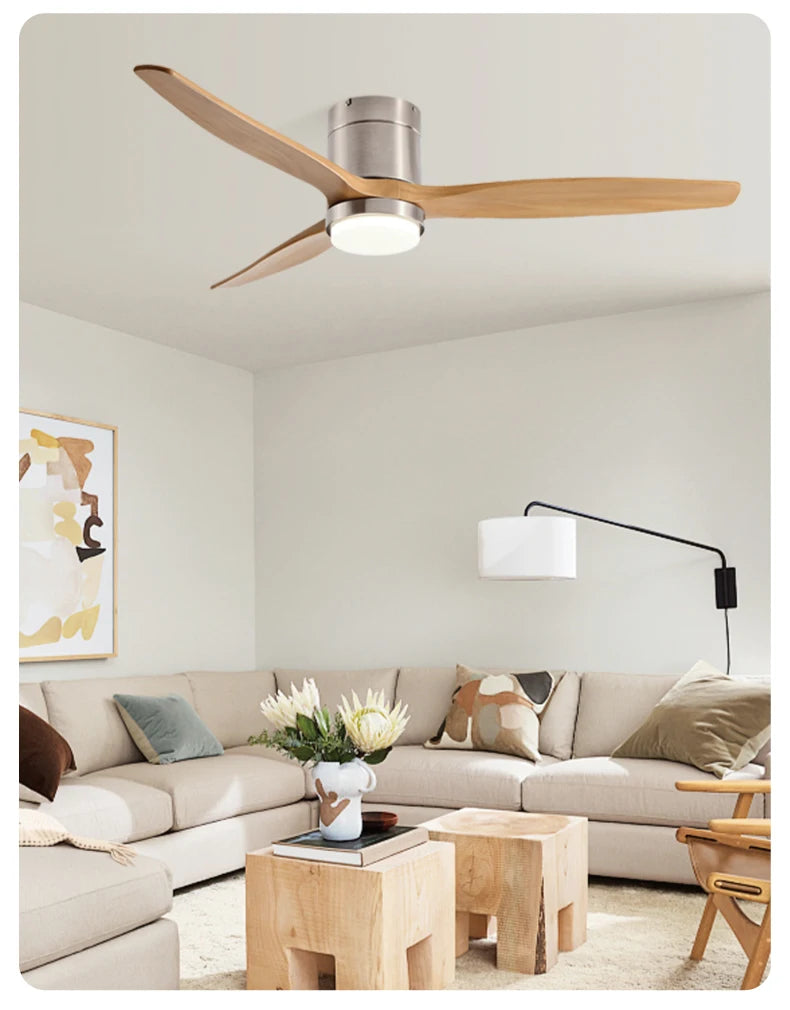 Solid Wood Ceiling Fan – 42/52 Inch LED Light for Living Room Dining
